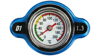 D1Spec Radiator cap with thermometer 15mm 1.3 Bar Blue
